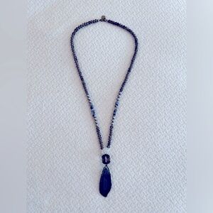 Fabulina Necklace. 19” long. Gray and silver beads. Flat blue stone pendant.